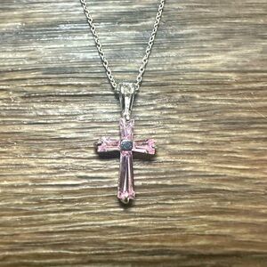 925 Sterling Silver Necklace with Pink Zirconia Cross Pendant